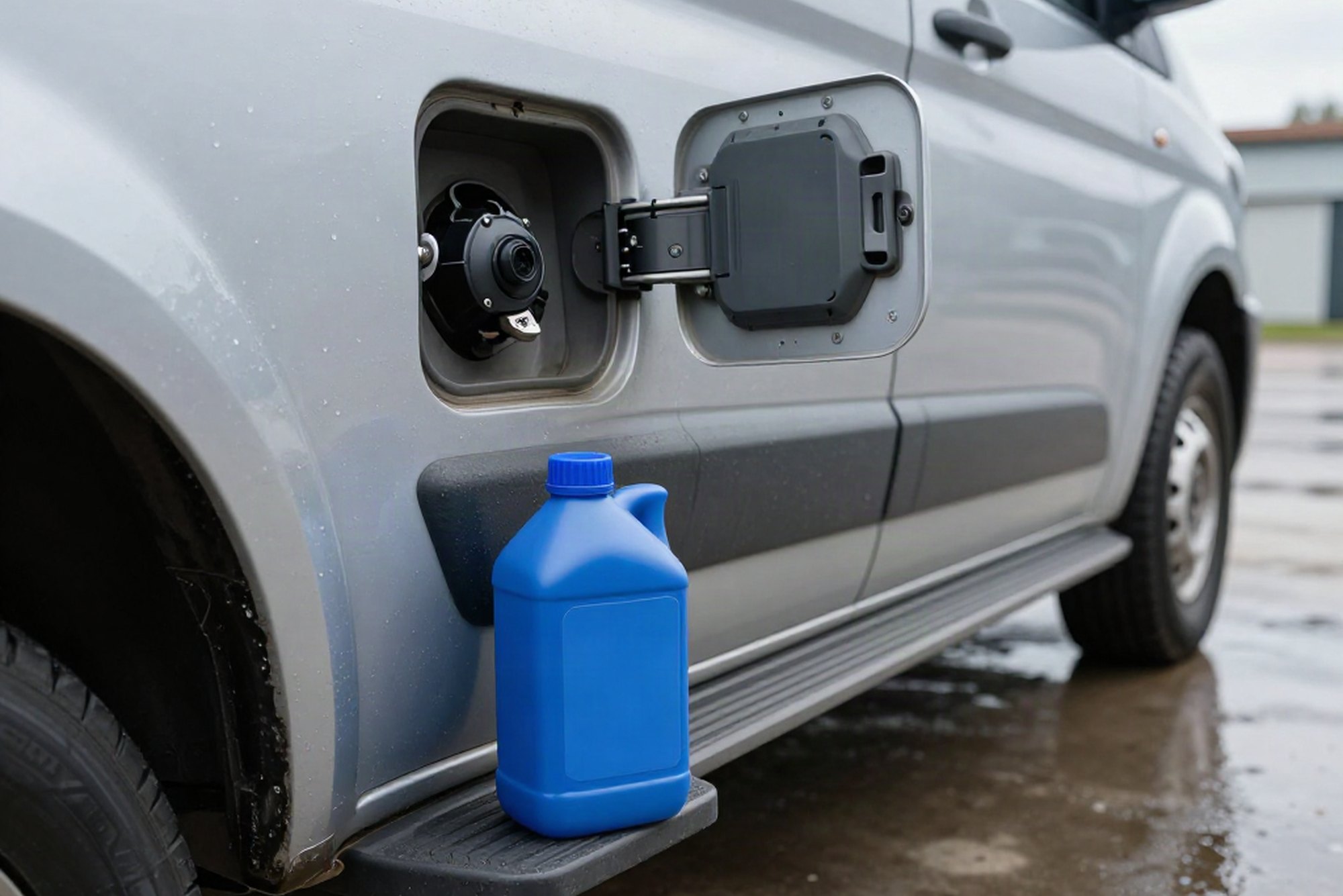 Fuel filler flap open with red diesel cap and blue adblue, the fuel filler caps are closed.