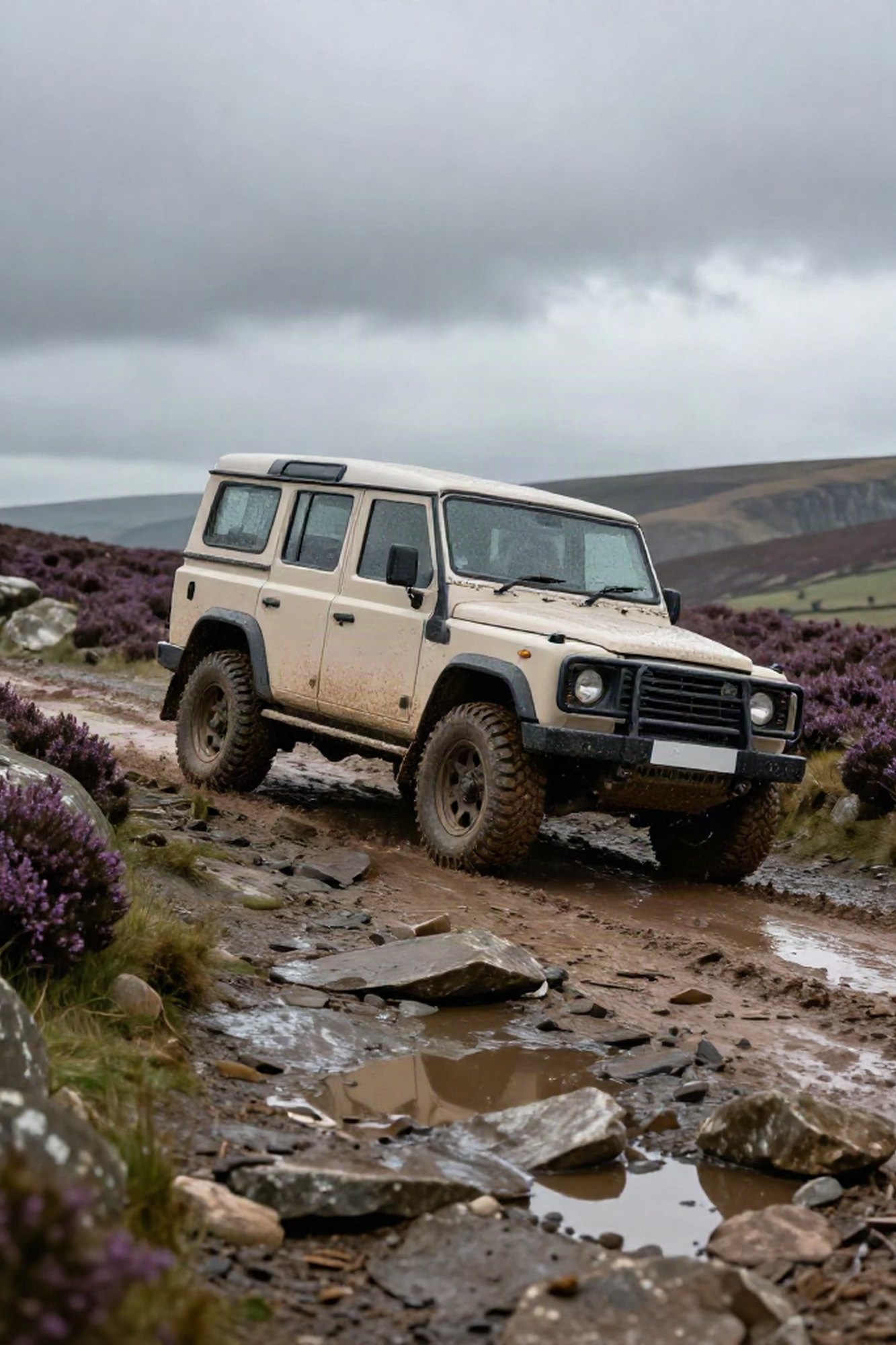 4×4 on a Rugged Moorland Track Boxy off-road 4x4 climbing a rocky moorland track in a rugged UK landscape