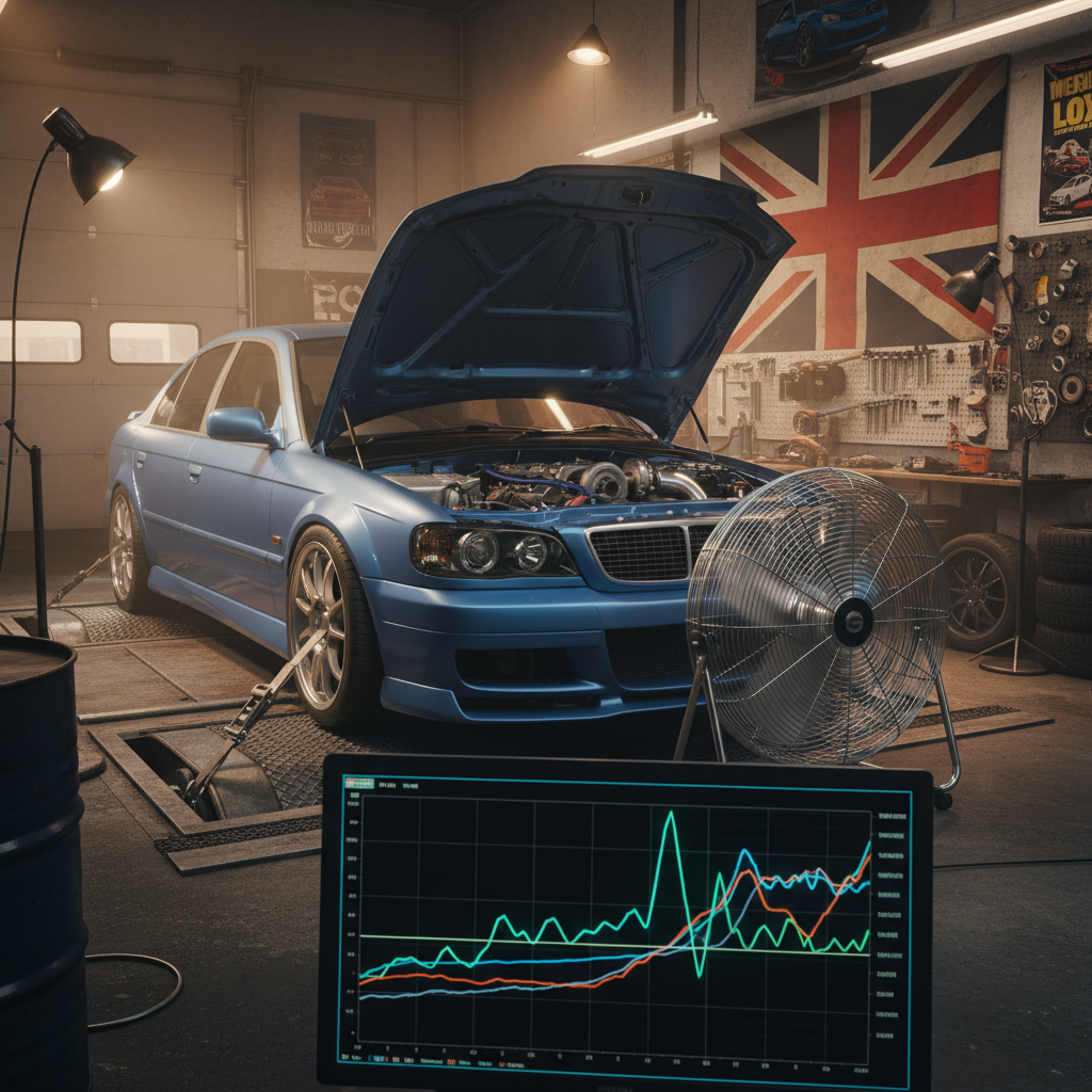 ECU remapping equipment plugged into a car OBD port at Stoke Tuning