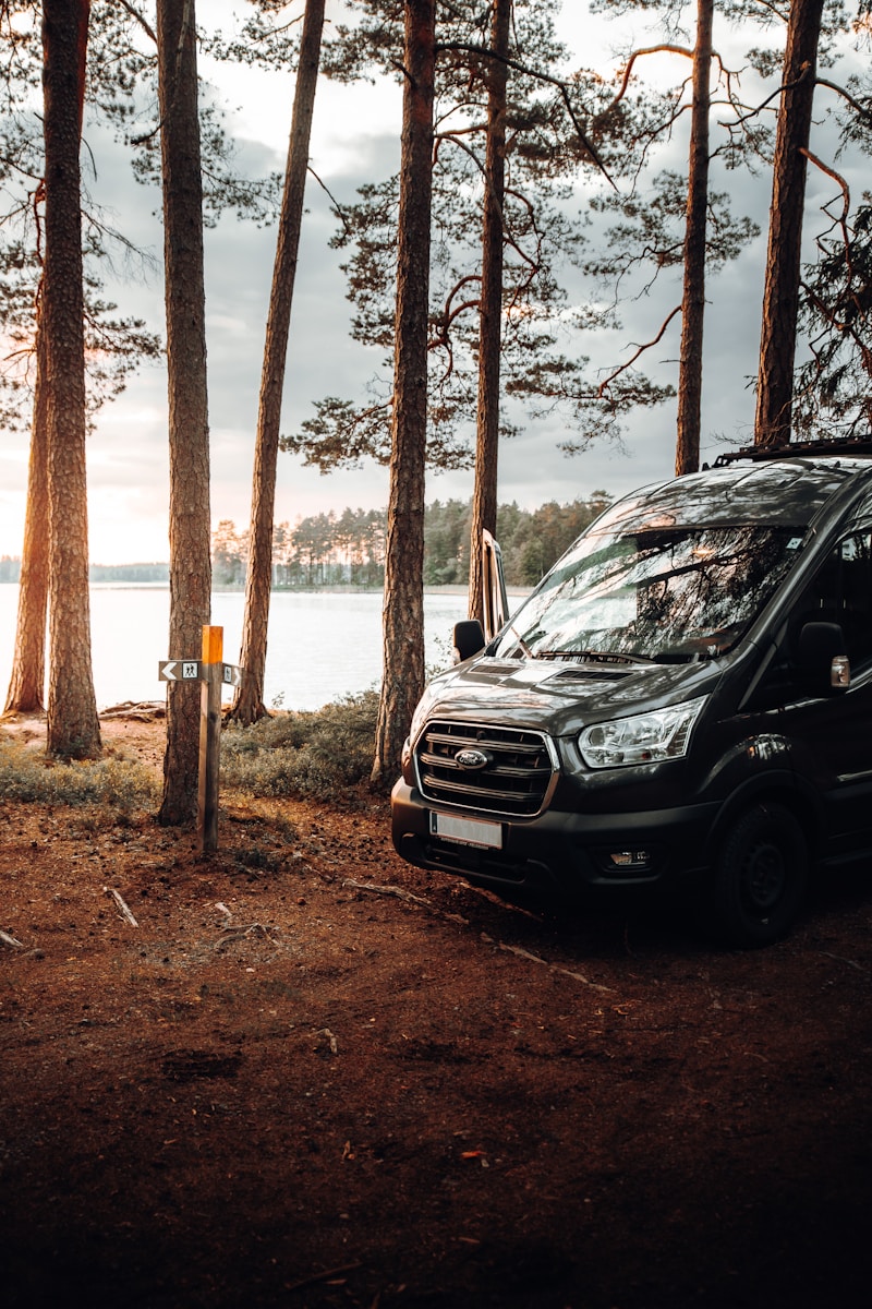 Photo by Daniel J. Schwarz a van parked in a wooded area next to a body of water