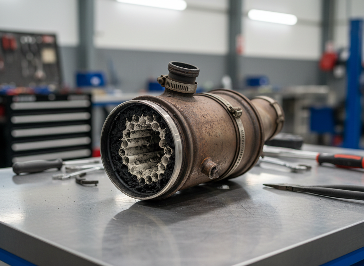 Diesel particulate filter DPF laid on a metal workshop workbench