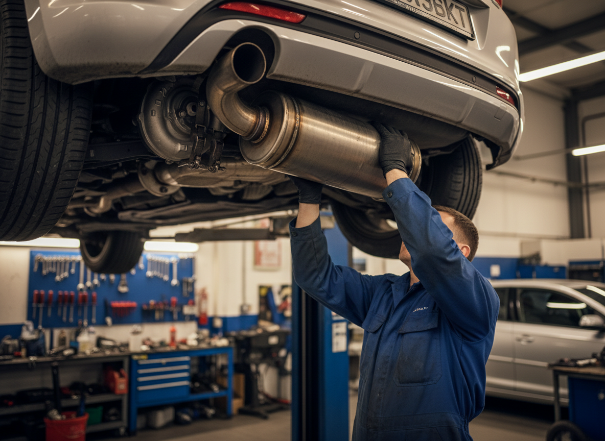 Mechanic removing a petrol particulate filter from underneath a vehicle