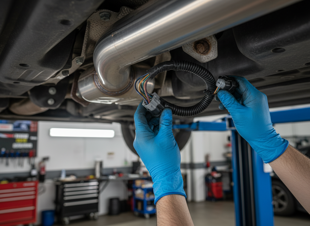 Under-vehicle exhaust sensor inspection Mechanic inspecting an exhaust sensor from underneath a diesel vehicle