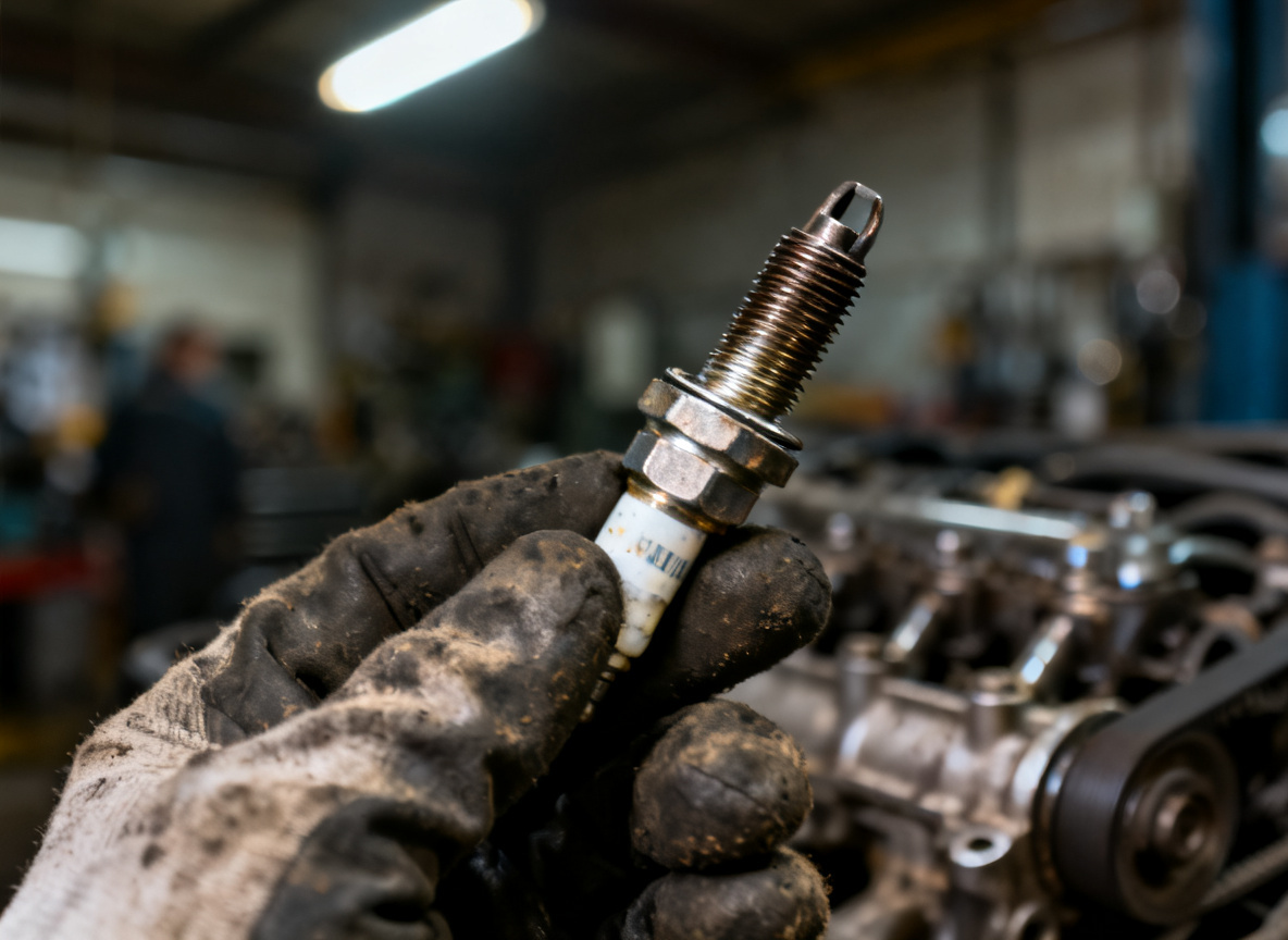 Gloved hand holding a diesel glow plug removed during servicing