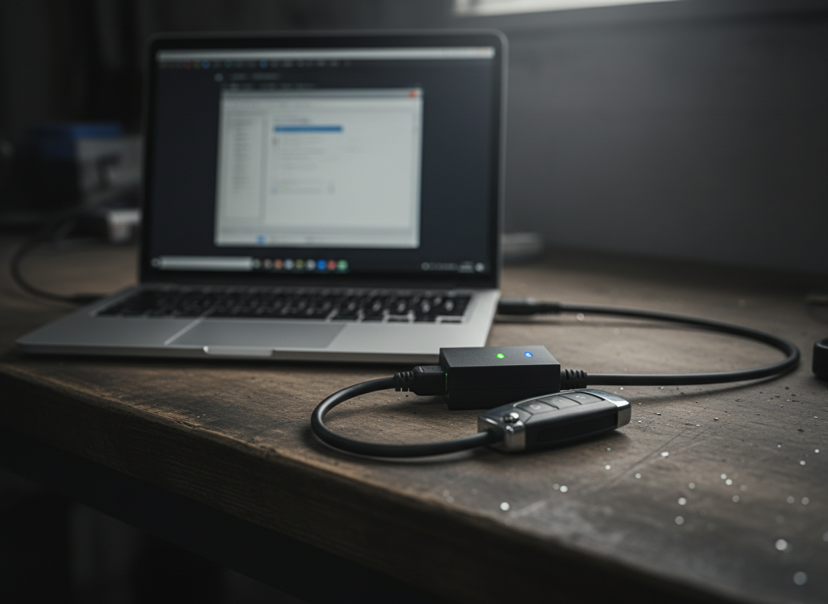 Laptop running vehicle diagnostics software on a workshop workbench