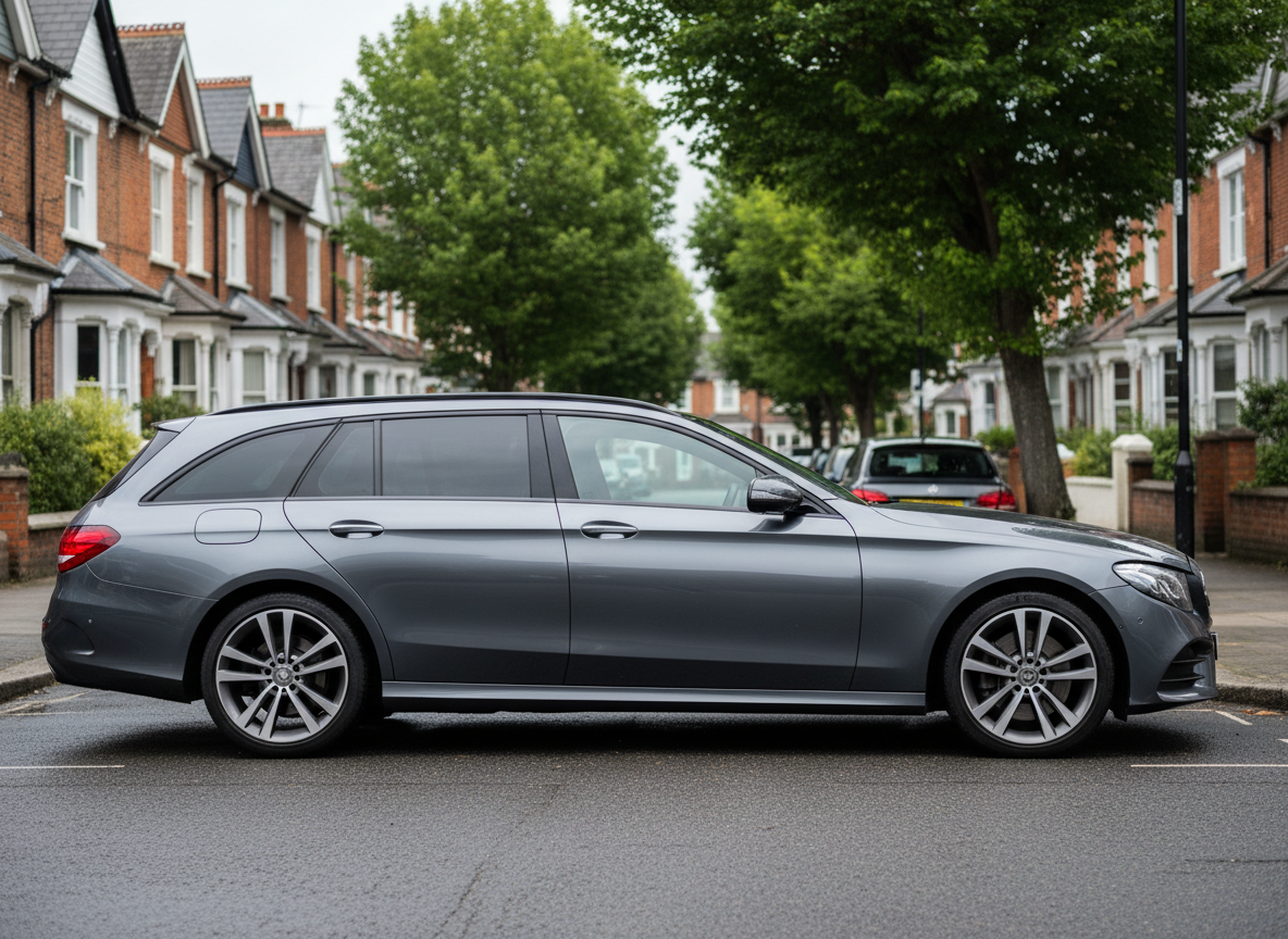 Mercedes diesel estate car parked on a residential street