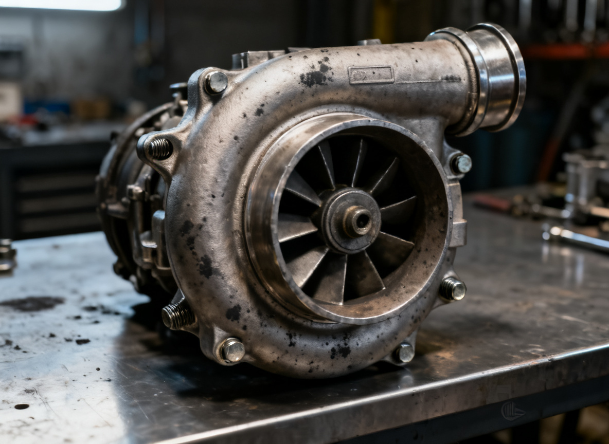Close-up of a variable geometry turbocharger VGT removed for inspection