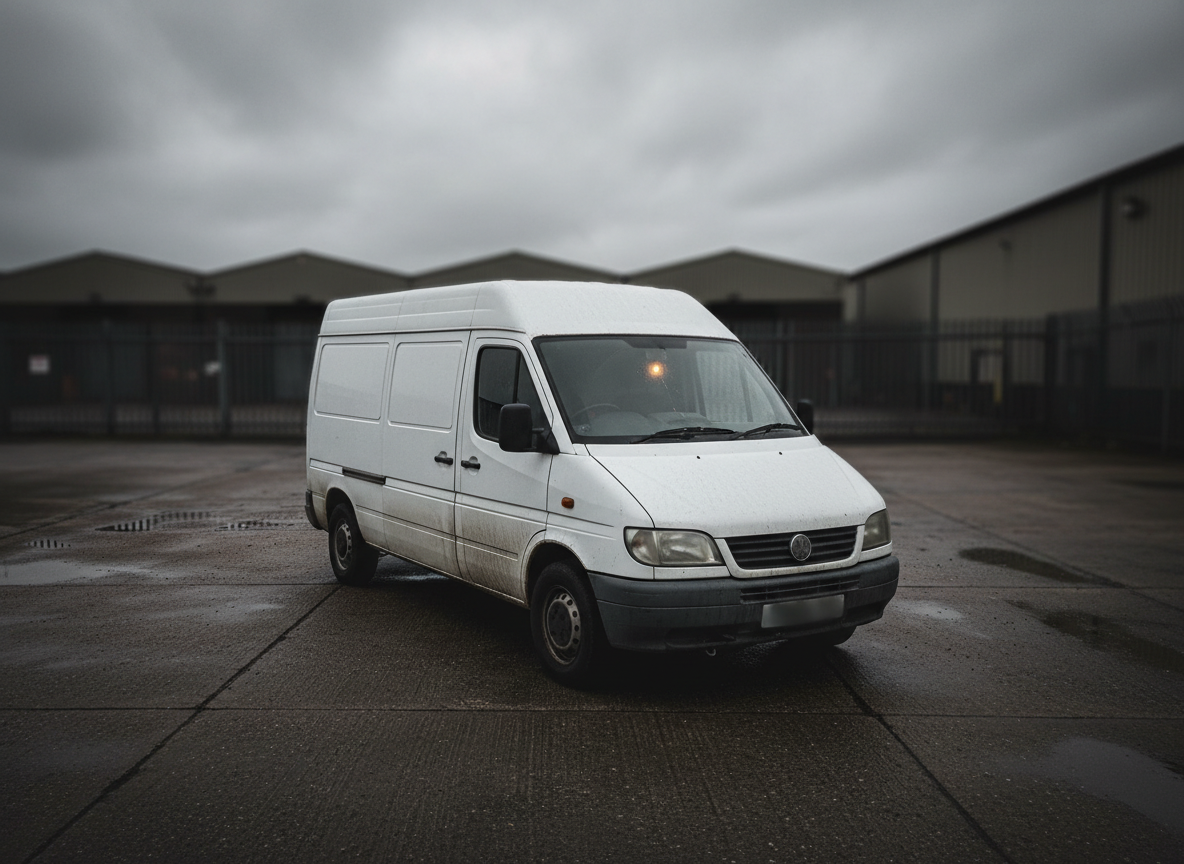 White van parked on industrial estate with dashboard warning light showing