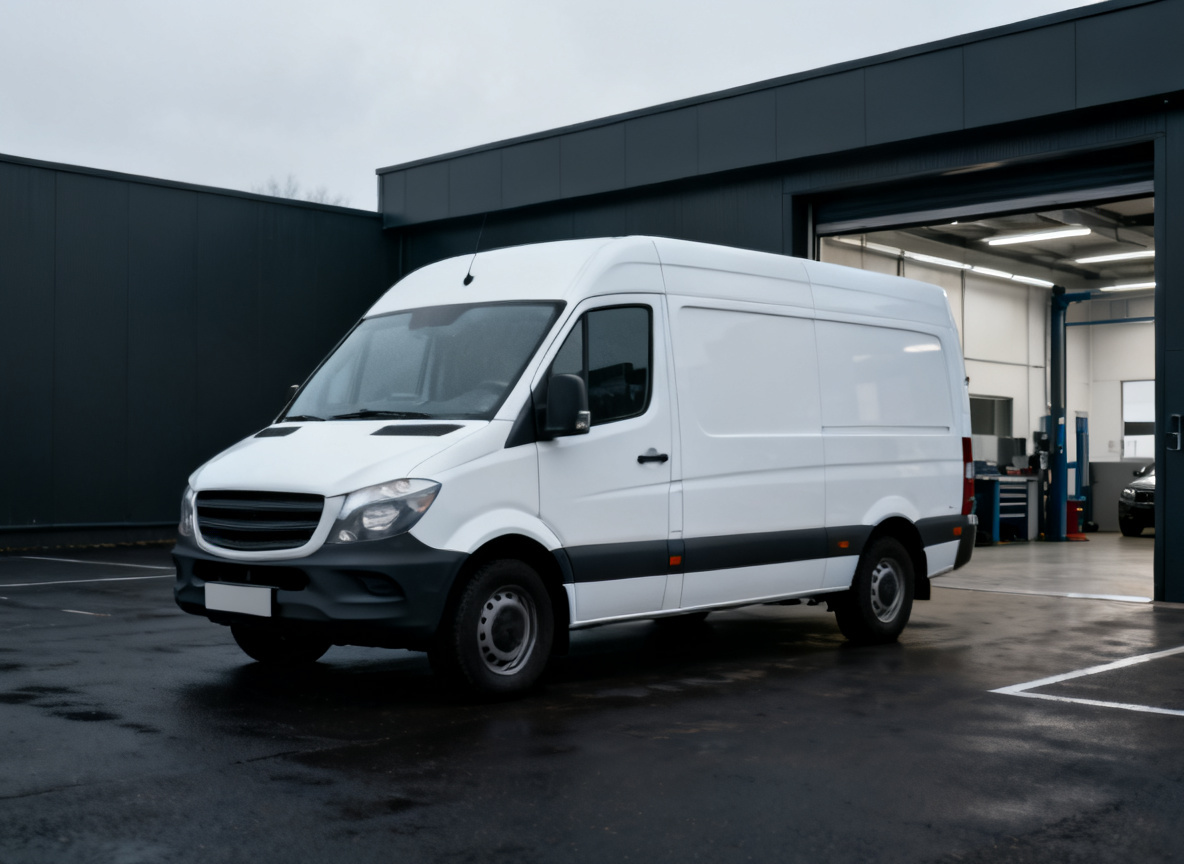 White van workshop forecourt White van parked on a workshop forecourt in Stoke-on-Trent