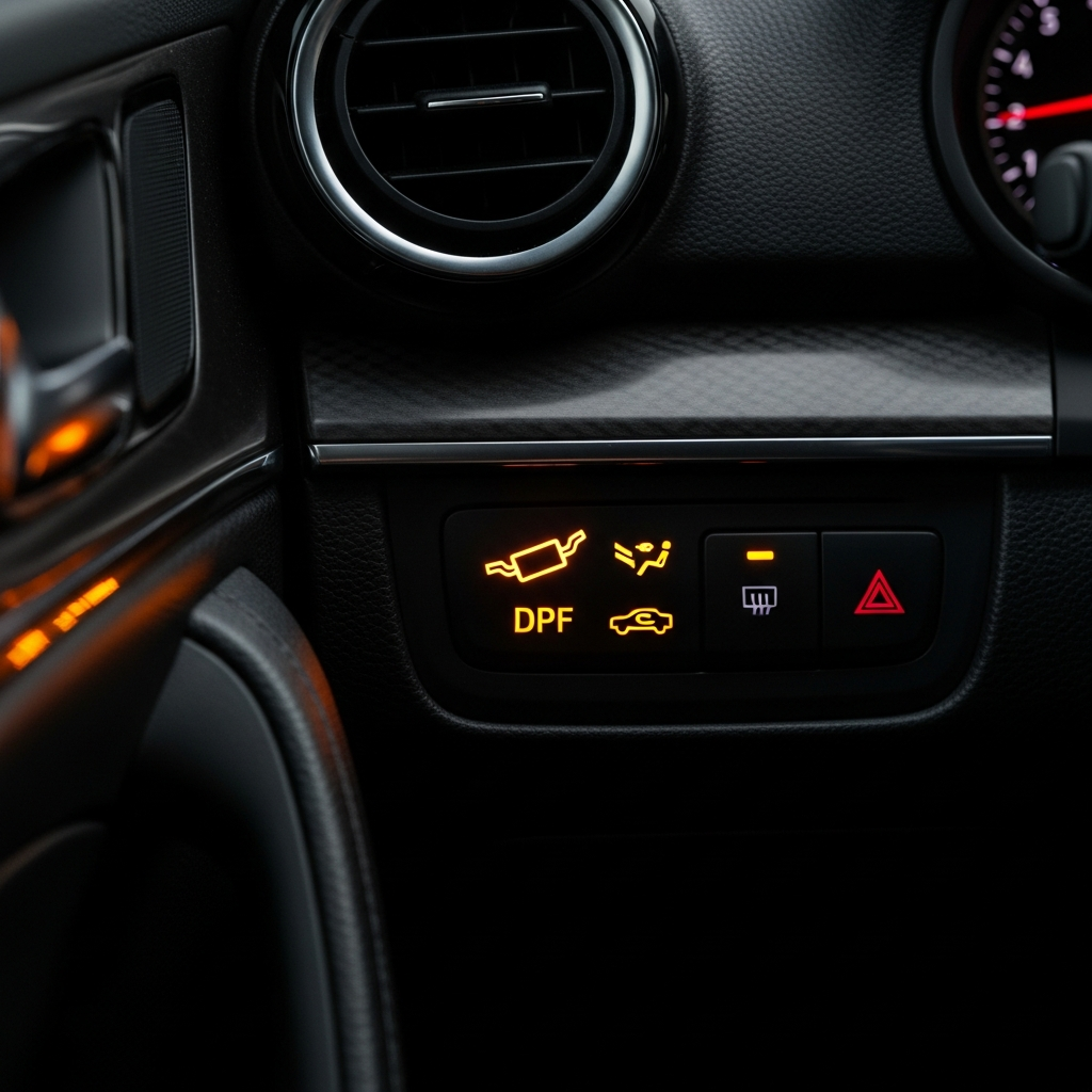 DPF warning light illuminated on car dashboard