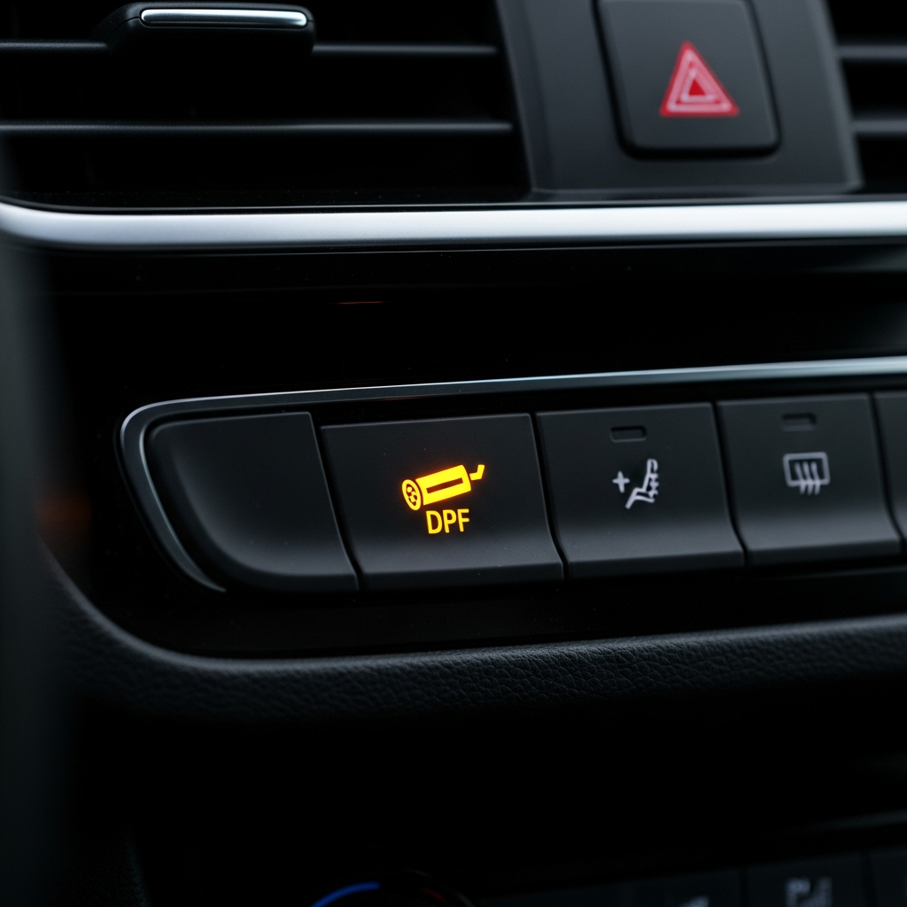 DPF warning light illuminated on car dashboard