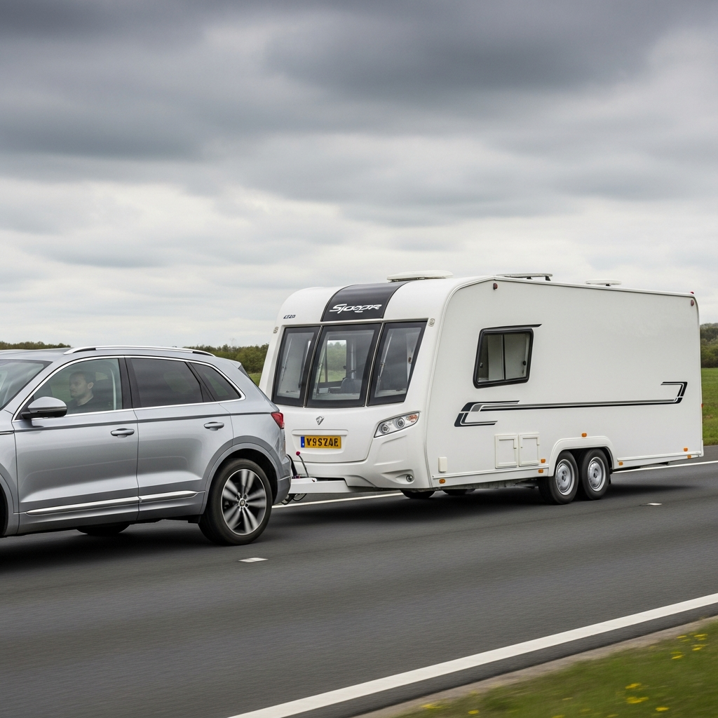 Diesel SUV towing a caravan on a UK motorway after ECU remap